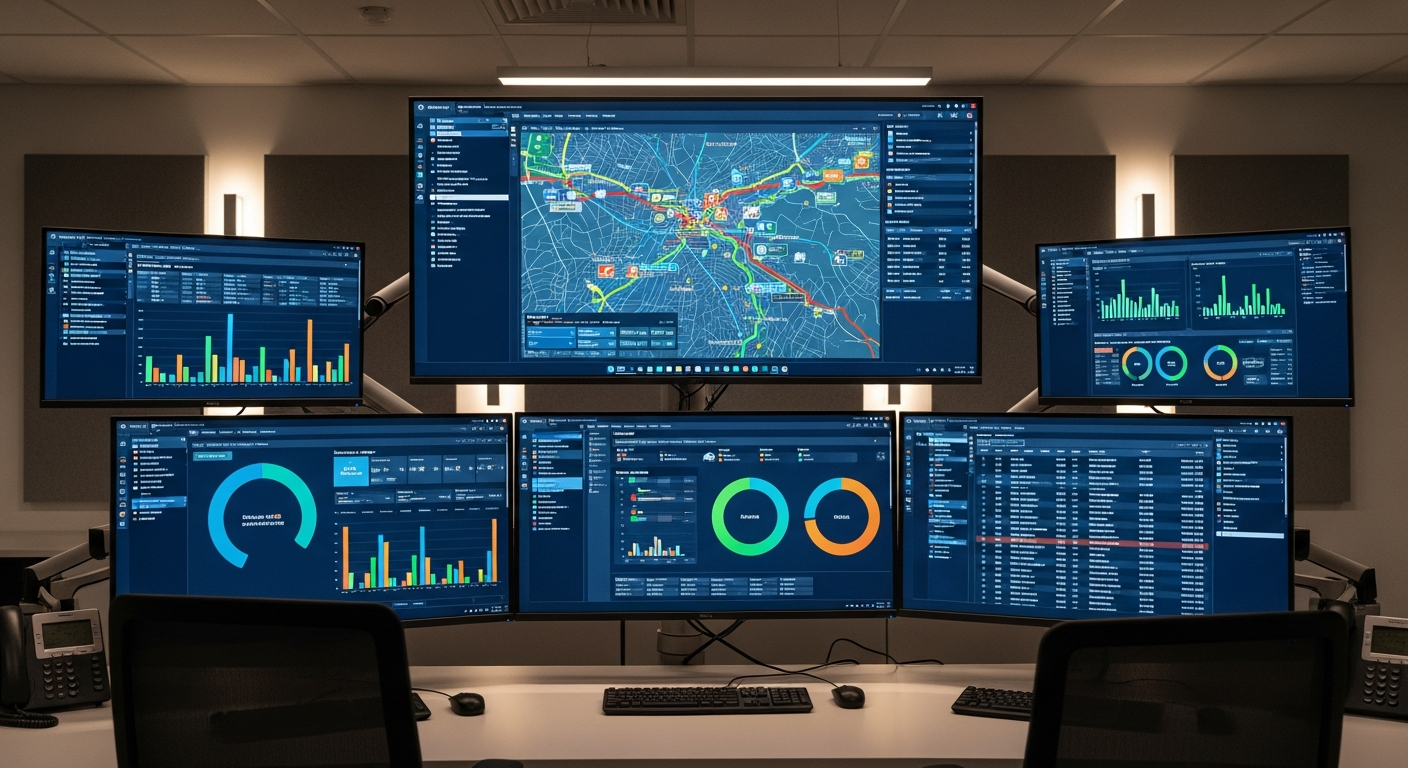 Fleet management dispatch control room with multiple screens showing routes and tracking