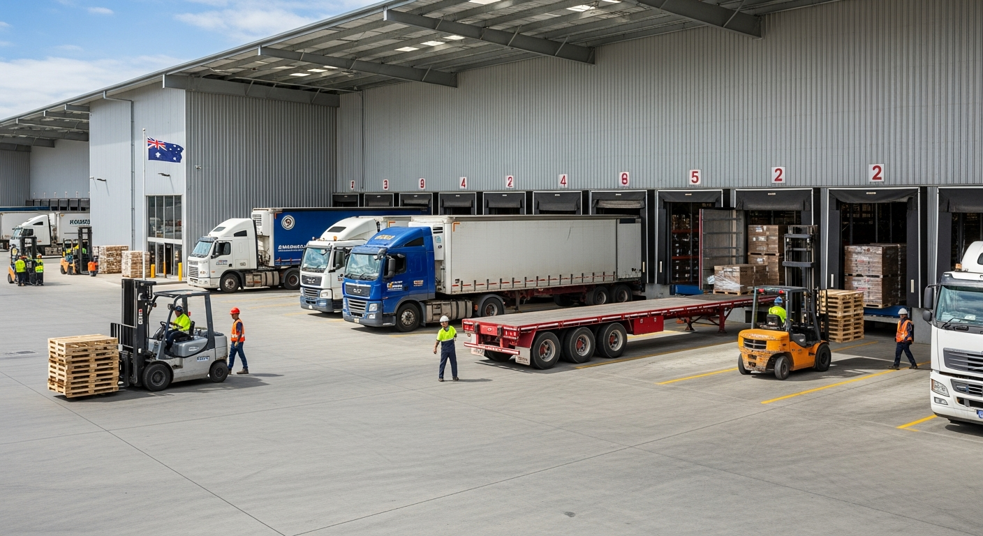 Australia logistics warehouse with trucks at loading docks